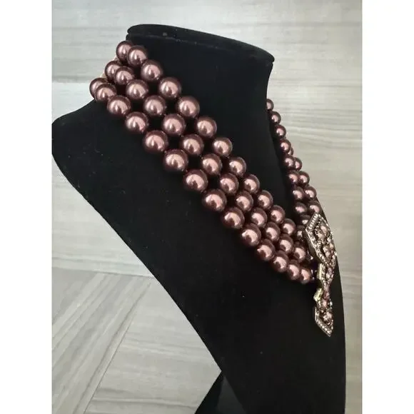Heidi Daus Aubergine Art Deco Triple Strand Vintage Necklace AB Crystal Pendant - Picture 5 of 16